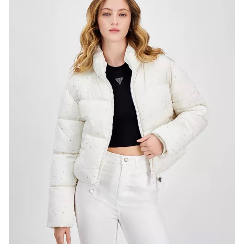 NWT Guess szL Women's Cream Antonia Strauss Embellished Puffer Jacket…
